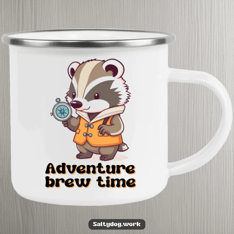 Funny badger camping mug, wearing a nautical vest, checking a compass, perfect for sipping drinks during outdoor adventures.