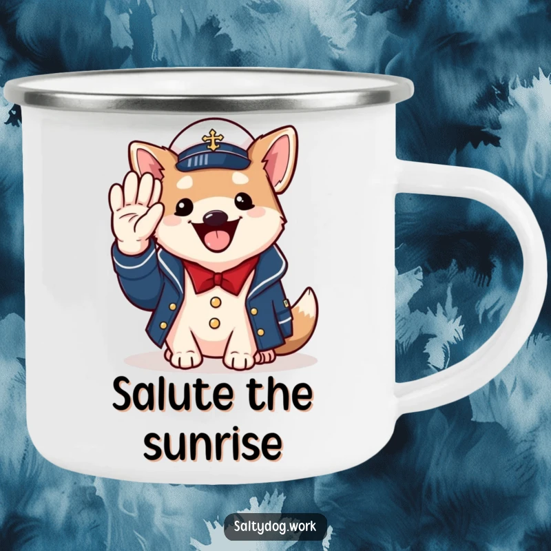 Funny naval dog camping mug, cheerful dog in jacket, saluting with paw, patriotic outdoor gear.