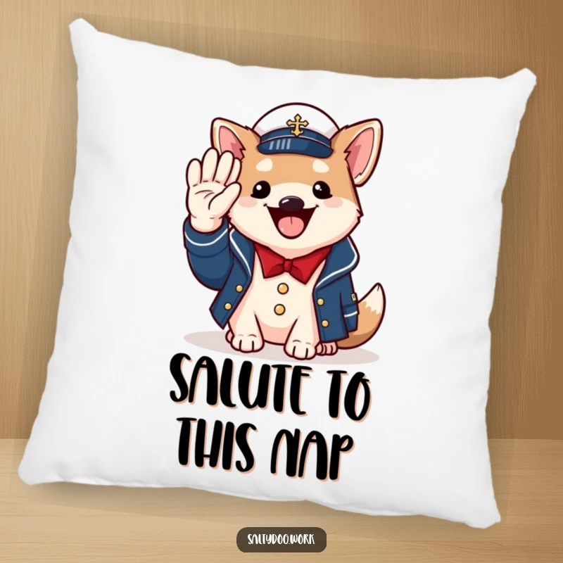 Funny naval dog pillow, cheerful dog in jacket, saluting with paw, soft patriotic decor.