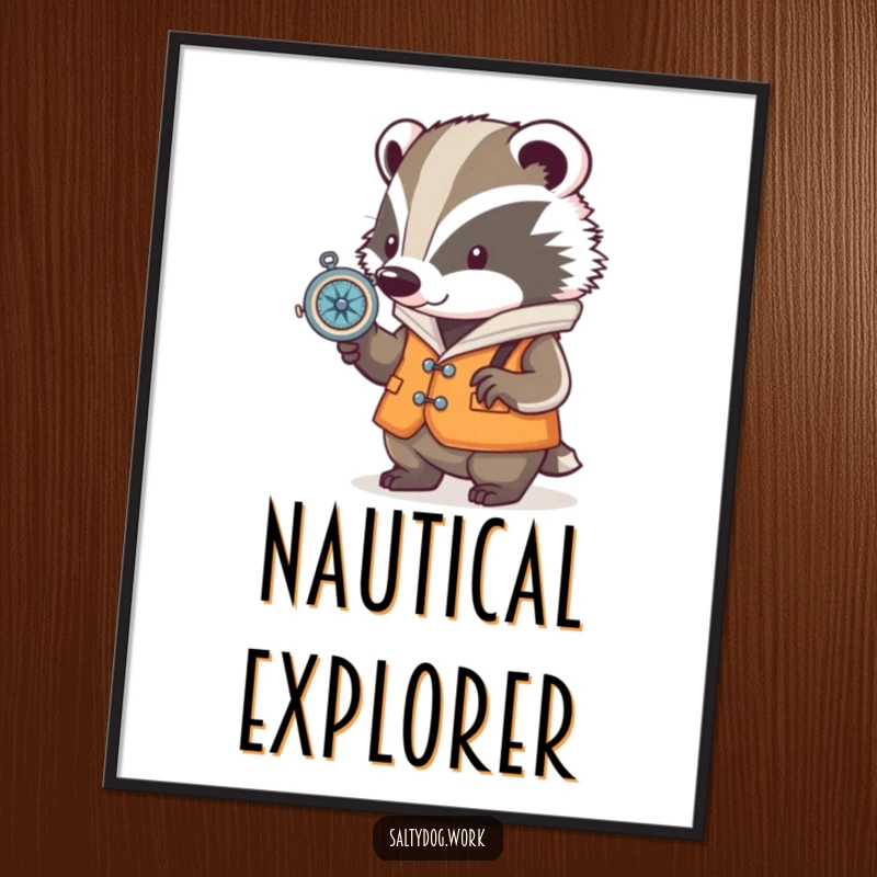 Funny badger digital art, wearing a nautical vest, checking a compass, a downloadable piece of adventurous wall art.
