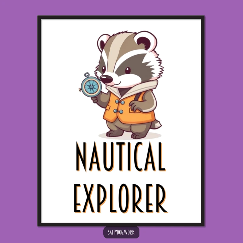 Funny Badger Nautical Digital Art: Instant Explorer Decor Gift