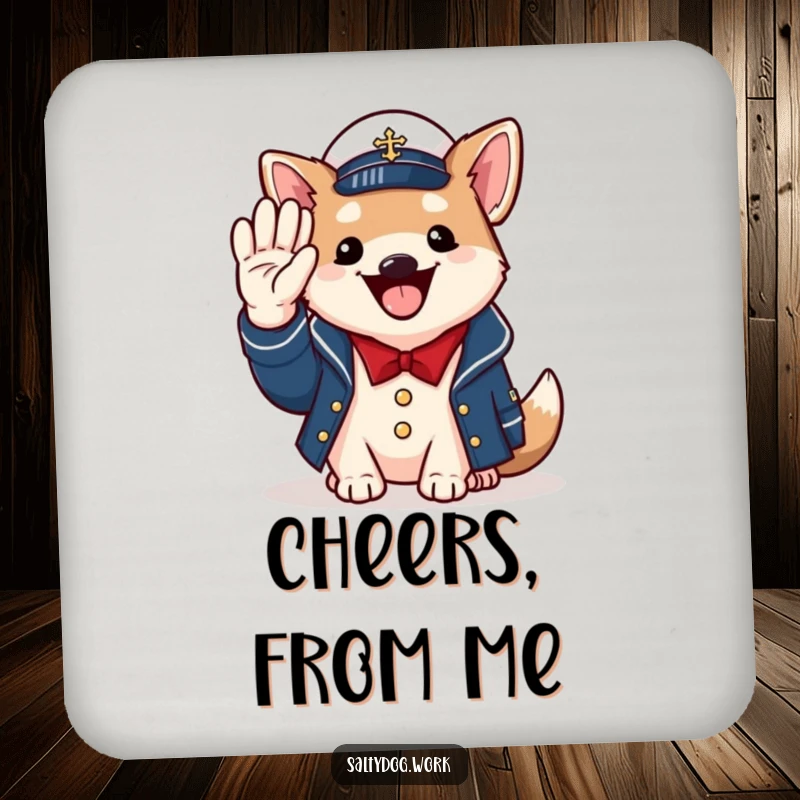 Funny naval dog coaster, cheerful dog in jacket, saluting with paw, patriotic protection.