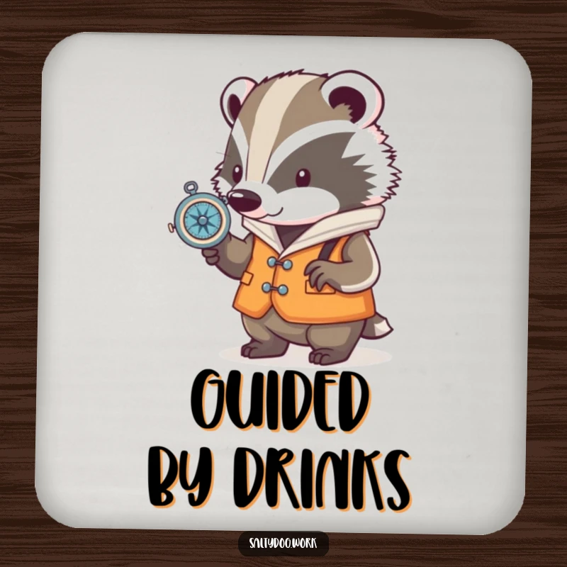 Funny badger coaster, wearing a nautical vest, checking a compass, a cute and functional accessory for drinks.