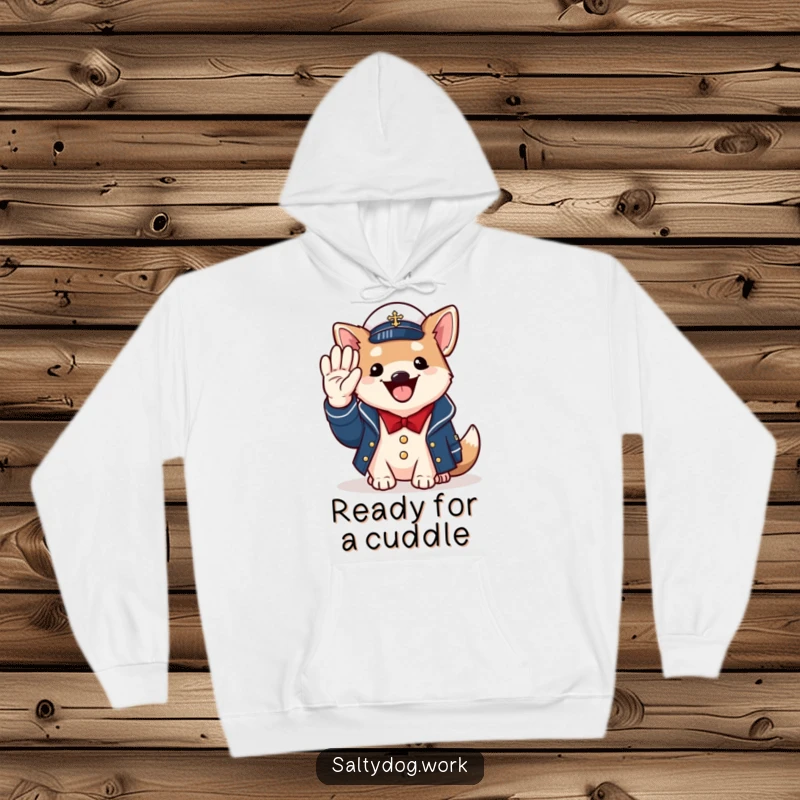Funny naval dog hoodie, cheerful dog in jacket, saluting with paw, warm and patriotic canine.