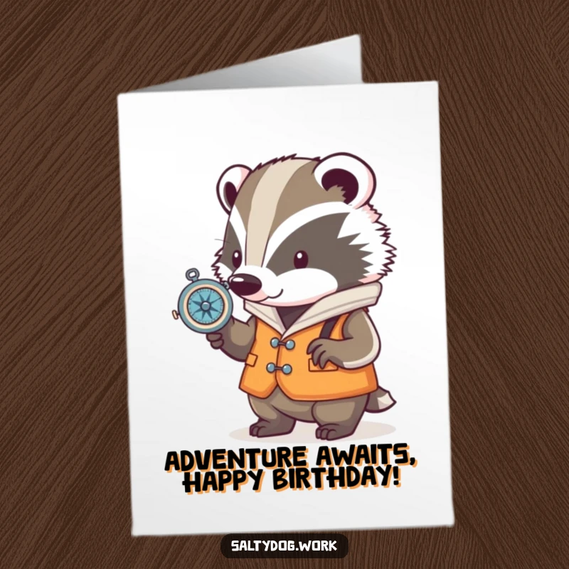 Funny Free Printable Birthday Card: A determined badger in a nautical vest checks a small compass on its birthday.