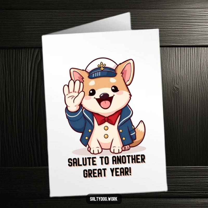 Funny Free Printable Birthday Card: Cheerful dog in naval jacket salutes with paw, happy expression.