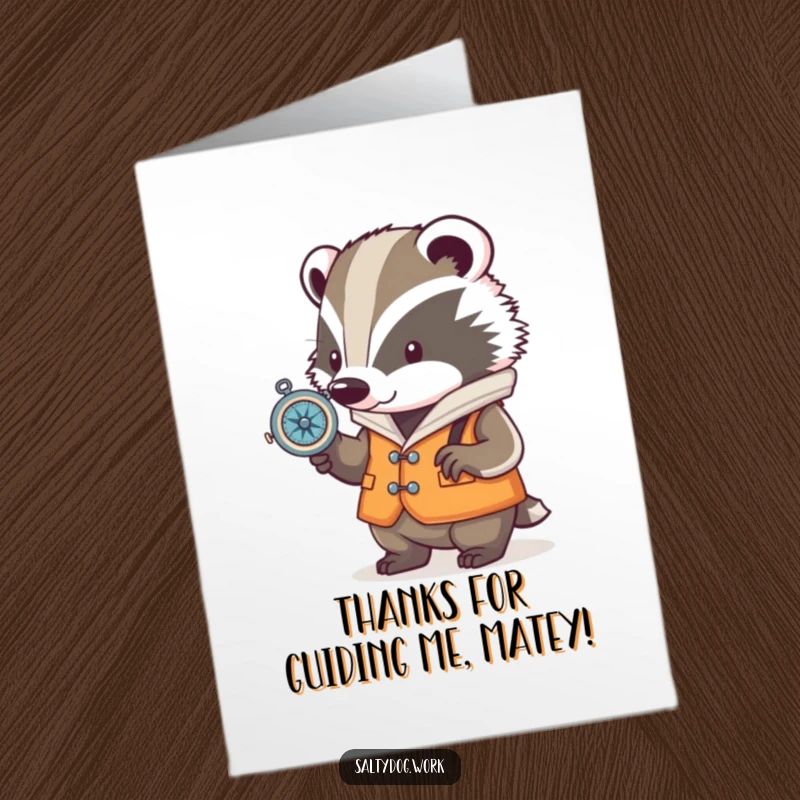 Funny Free Printable Thank You Card: Determined badger in a nautical vest checks compass, expressing thanks.