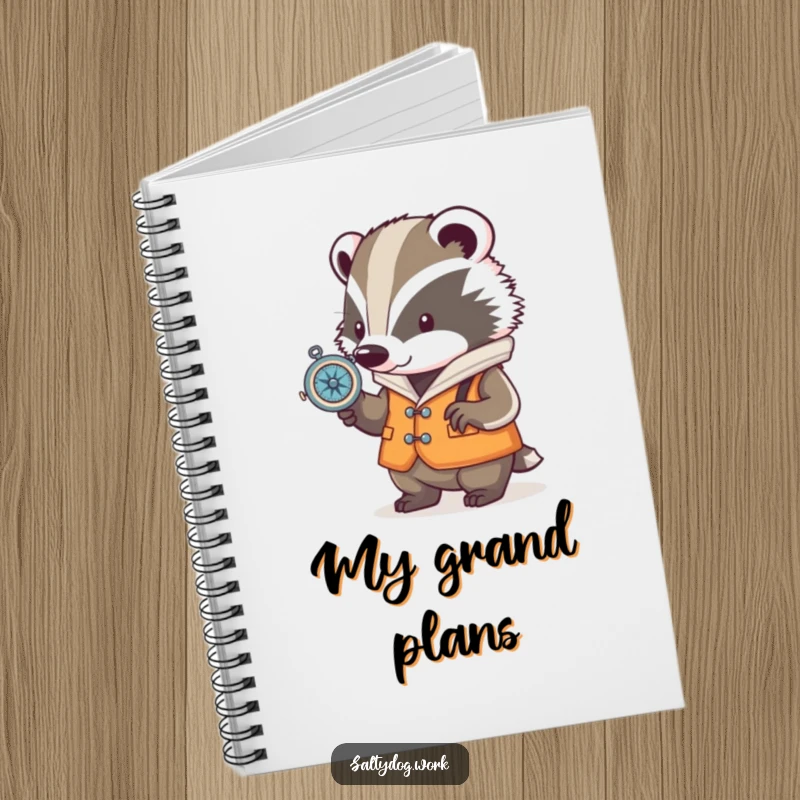 Funny badger notebook cover, wearing a nautical vest, checking a compass, ideal for journaling expeditions and charting plans.