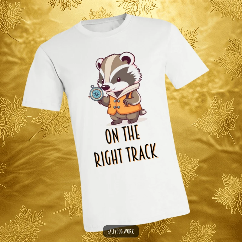 Funny badger t-shirt, a determined creature in a nautical vest, checking a compass, ready for nautical adventures and exploration.