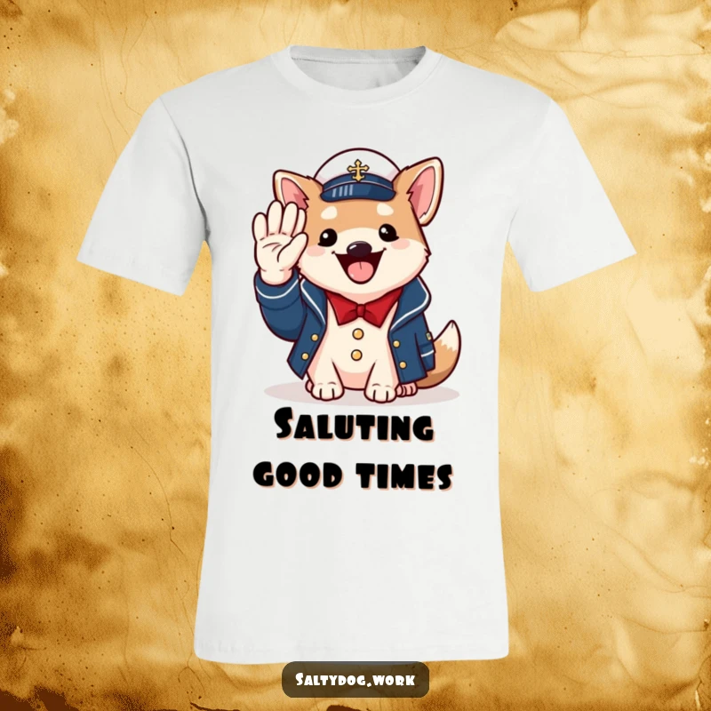 Funny naval dog t-shirt, cheerful dog in jacket, saluting with paw, proud military pup.